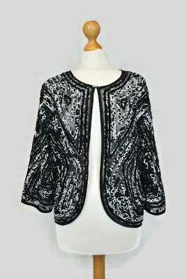 Stylish Black And White Embellished Party Evening Lightweight Cardigan Shrug 16 • £15