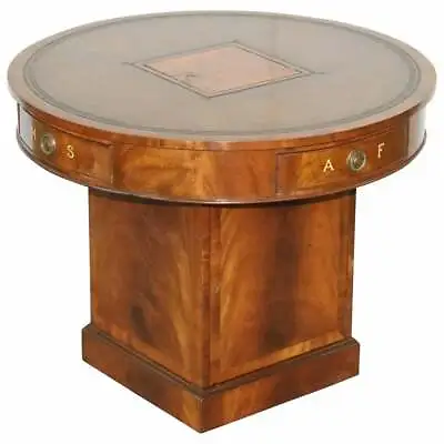 Antique Victorian Flamed Mahogany Revolving Rent Drum Table Brown Leather Top • $12450.50