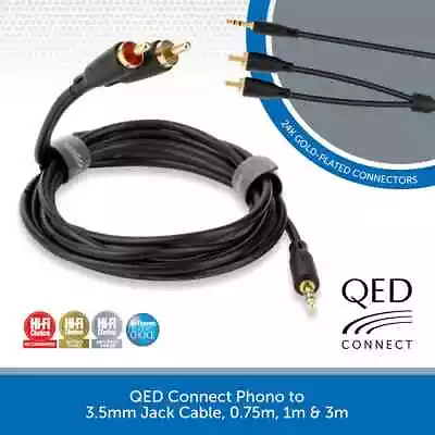 QED Connect 3.5mm Jack To RCA Phono Cable Audio Interconnect Lead 0.75m 1m & 3m • £12.95