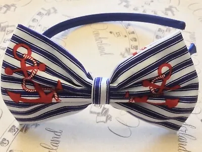 Blue Nautical Red Anchor Print Cotton Fabric 5  Side Bow Alice Hair Head Band  • £4.99