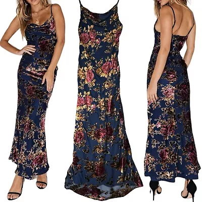 Polly Midnight Moon Floral Burnout Velvet Maxi Dress Size 4 Romantic Sexy Retro • $38.23