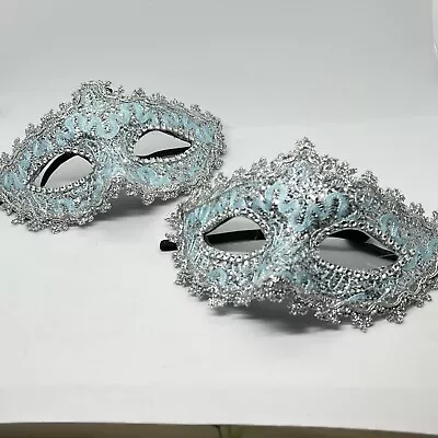 Set 2 Lace Mardi Gras Halloween Mask Embellished With Sparkle Blue And  Silver • $22