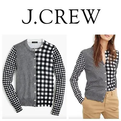 J. Crew Jackie XL 14 16 Cardigan Sweater Gingham Plaid Black White F • $36.99