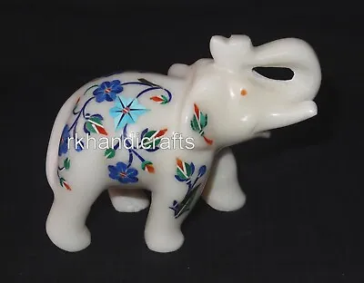04 Inches Marble Elephant Statue Multicolor Stone Inlay Work Good Luck Elephant • $107.25