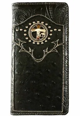  Men Wallet Western Bifold Check Book W069-30 Cross Praying Cowboy Black • $11.99