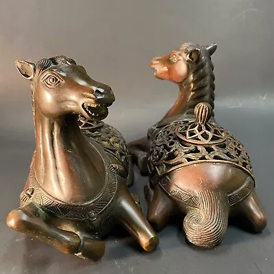 Chinese Ancient Bronze Horses Incense Burner (Pair) Qing Dynasty Qianglong Mark • $1200