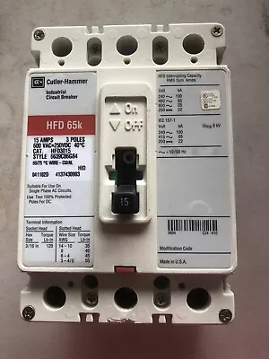 Cutler Hammer HFD3015 15 Amp 600 Vac 3 Pole 65K Circuit Breaker • $149