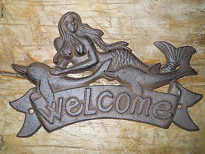 Cast Iron MERMAID WELCOME Plaque DOLPHIN Sign Nautical Wall Decor   • $6.99