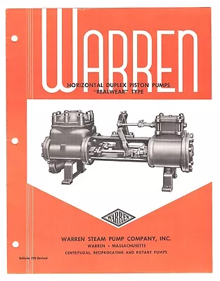 Ca 1950 Warren Horizontal Duplex Piston Pumps Bulletin Flyer Steam Pump • $25