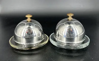 Set Of 2 Vintage Mini Covered Butter Dishes Glass Base Metal Covers Brass Knobs • $29