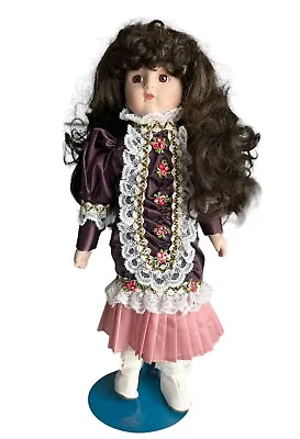 Vintage Marian Yu Designs Porcelain/Bisque Doll Purple Dress W/Stand 15” Height • $18.99