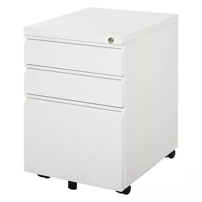 Office 3 Drawer Metal Filing Cabinet Lockable 5 Wheels Under Desk Storage White • £87.50