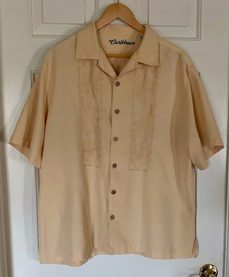 £28.90 • Buy Caribbean Button Front Shirt Mens Large L Short Sleeve Yellow Cuban Guayabera