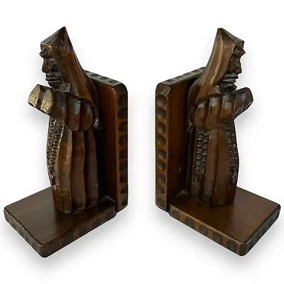Vintage Wooden Monk Bookends Pair Hand Carved Praying Priests Handmade Ornate • $28
