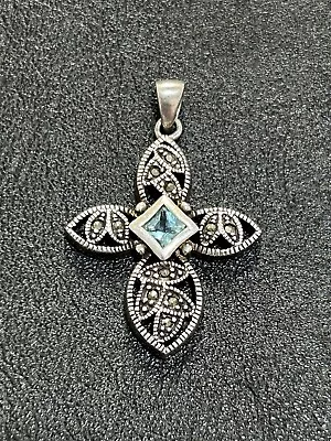 Vintage Sterling Silver Blue Topaz Marcasite Cross Pendant 925 Filigree • $18.99