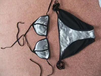 £2.99 • Buy Size 12? Halterneck Bikini Black Khaki Mix SideTie Briefs Selling 4 Upcycle
