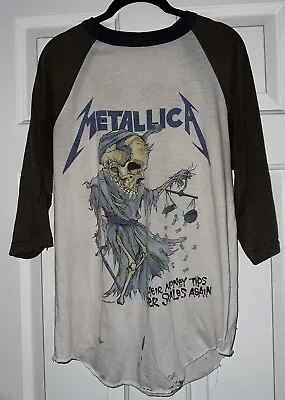 1988 Vintage METALLICA DORIS PUSHEAD JUSTICE TOUR SHIRT RAGLAN HANDTEX 50-50 • $125