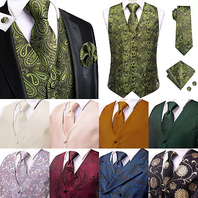 Mens Silk Victorian Vest Paisley Waistcoat Tie Hanky Cufflinks Set For Wedding • $18.99