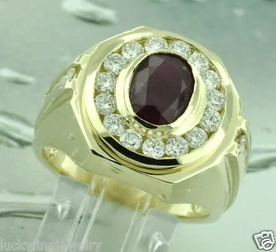 Huge 3.15 Ct 14k Solid Yellow Gold Men's Natural Diamond & Oval Ruby Ring  USA • $2550
