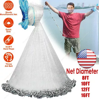 8/10/12/14/16FT Fishing Cast Net Bait Easy Throw Hand Cast Strong Nylon Mesh USA • $17.99