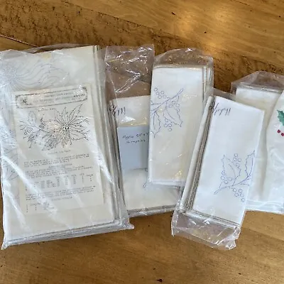VINTAGE Stamped For Embroidery Ivory Linen Table Cloth  77x58   & 12 NAPKINS • $45.50