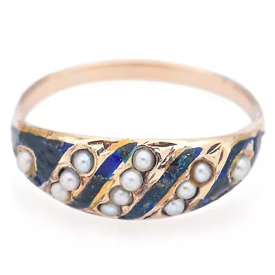 Antique Victorian 14K Yellow Gold Seed Pearl Enamel Mourning Band Ring Size 7 • $179