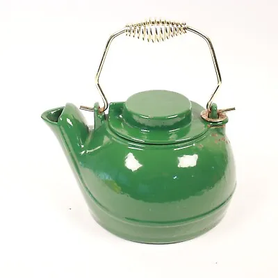 Vintage Large Red & White Speckled Enamel Cast Iron Tea Pot Kettle Swivel Lid • $44.99