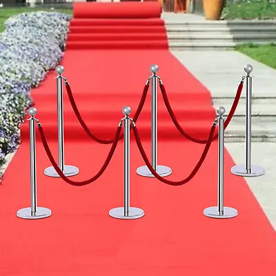 6 PCS Stainless Steel Stanchion Post Queue Crowd Control Red Velvet Rope 39inch • $76.23