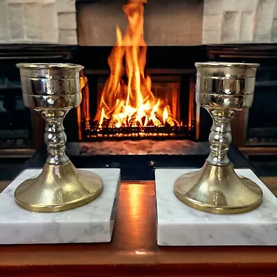 Vtg 2 Set Brass Candle Holders With Marble Base 5.25in X 4in Mid-Century Modern • $17