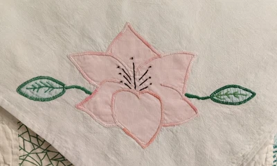 $6 • Buy Vintage Appliqued Tablecloth - Pink Flower--28 X 34