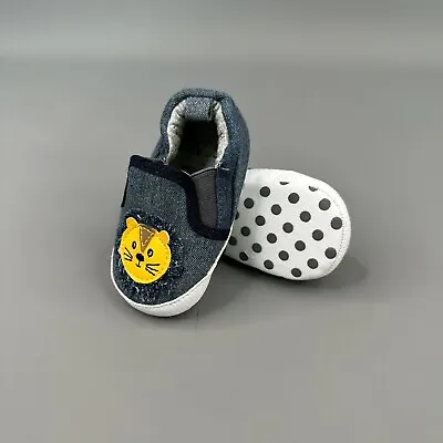 Matalan Baby Shoes 6 - 9 Months Blue Denim Polka Dot Sole Yellow Teddy Bear Face • £2.95