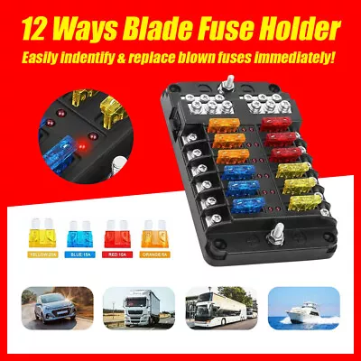 12 Way Blade Fuse Box Block Holder LED 12V 32V Car Boat Van Marine W/ 24 Fuses V • $15.59