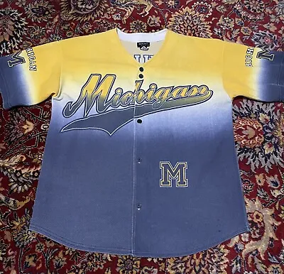 Vintage AOP Michigan Wolverines Button Up Baseball Jersey Size L NCAA Rocky USA • $32.99