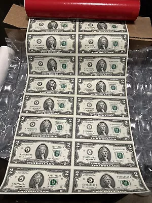 2013 $2 16–Note Uncut Currency Sheet - New! Two Dollar Bills • $90