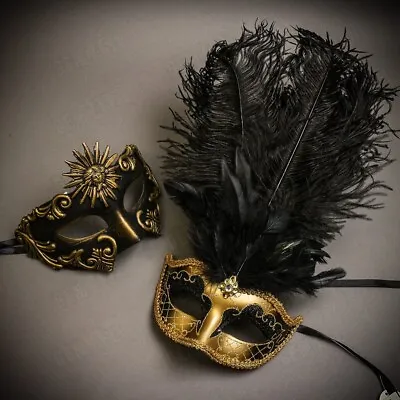 Luxury Black Gold Men & Women Couple Masks Masquerade Costume Party Mask Feather • $23.95