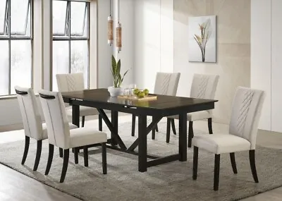 7 Pc Two Tone 59 In Trestle Dining Table Beige Chairs Dining Room Furniture Set • $1299