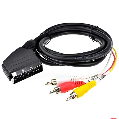 Scart Plug In / Out To Red White Yellow RCA 3 X Phono Plugs Video Cable Lead  2m • £4.20