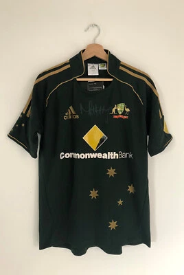 $150 • Buy Mike Hussey Hand Signed Australian Cricket ODI Jersey Green & Gold Shirt BNWT