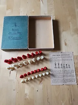 $32 • Buy Vintage Drueke's American Made Red And Ivory Chessmen Complete In Original Box