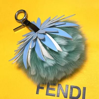 Fendi Blue Fur & Leather Pom Pom Pineapple Bag Charm Key Ring Keychain I1 • $356.93