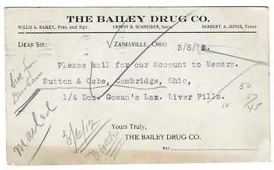 ZANESVILLE OH/OHIO Postal Card BAILEY DRUG CO. Gowan's Laxative Liver Pills 1912 • $8.49