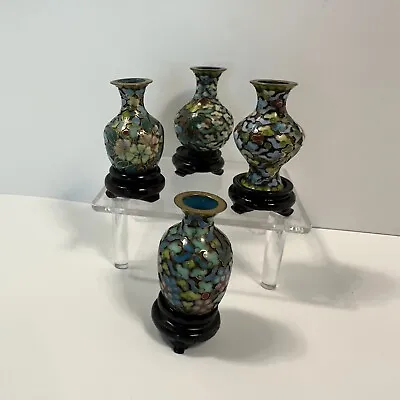 Lot Of 4 Vintage Miniature Cloisonne Vases With Stands Floral Blue Green • $36