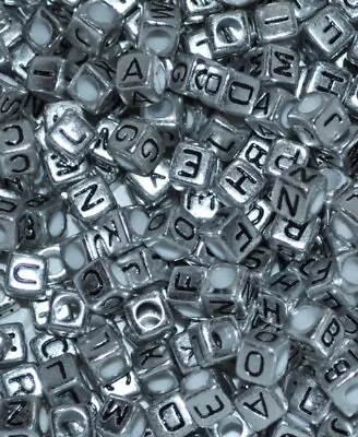 100pcs 6mm Cube Silver Colour Mixed Letters Acrylic Alphabets Beads • £2.09