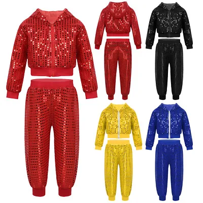 Kids Boys Girls Jazz Dance Costume Sequins Hip Hop Jacket+Pants Street Dancewear • £9.69