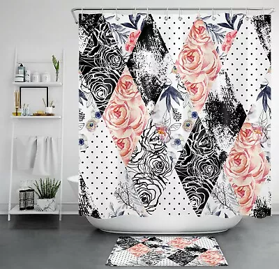 Abstract Geometric Black White Flower Shower Curtain Bathroom Accessories Set • $10.99