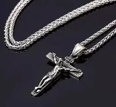 Crucifix Jesus Mens Women Chain Necklace Sliver Cross Stainless Steel Pendant  • £5.85