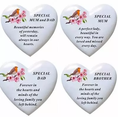 New Memorial White Heart Stone With Robin Rose Bouquet Grave Side Plaques • £15.99