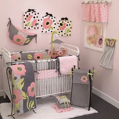 Poppy Pink Dot Floral Girl Crib Bedding Set Hamper Mobile Valance Sheet Chair • $39.99