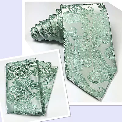 Men's Pstel Mint Green Neck Tie And Pocket Square Hankie Set Formal Wedding 20AA • $11.85
