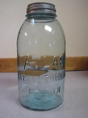 1 Vintage ATLAS STRONG SHOULDER MASON Aqua 1/2 Gallon CANNING JAR & Zinc Lid • $12